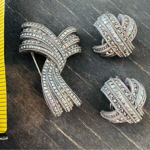 Vintage Judith Jack sterling silver marcasite pin and omega back earrings